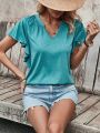 Solid Color Notched Neckline T-Shirt With Notched Ruffle Sleeves