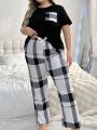 Plus Size Plaid Patchwork Pocket Top & Long Pants Homewear Set