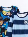 4pcs/set Toddler Boys' Striped Rocket Printed Long Sleeve Top And Pants Pajama Set