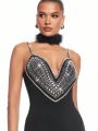 SHEIN BAE Ladies Gorgeous Heart-Shaped Rhinestone Embellished Tight Suspender Dress