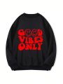 Plus Slogan & Cartoon Graphic Thermal Lined Pullover