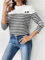 SHEIN Frenchy Striped Print Heart Embroidery Tee