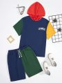 SHEIN Teen Boys' Casual Colorblock Hooded T-Shirt And Shorts Set, Perfect For Summer