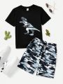 SHEIN Kids EVRYDAY Tween Boy'S Camo Dinosaur Print Short Sleeve T-Shirt And Shorts Casual Comfortable 2pcs/Set