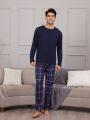 Men'S Solid Color Long-Sleeved T-Shirt And Plaid Trousers Loungewear Set