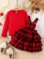 Toddler Girls' Striped Long Sleeve T-shirt And Checkered Overall Skirt 2pcs/set