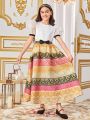 SHEIN Kids Nujoom Slim Fit Cute Vintage Palace Style Puff Sleeve Blouse And Knee-Length Skirt Set