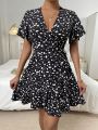 SHEIN LUNE Dalmatian Print Flounce Sleeve Ruffle Trim Wrap Knot Side A Line Dress