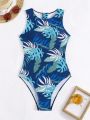 SHEIN Swim SPRTY Tropical Plant Printed One-piece Swimsuit