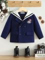 SHEIN Young Boy 1pc Letter Patched Detail Double Breasted Sailor Collar Overcoat