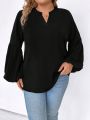 SHEIN LUNE Plus Size Solid Color Notched Neck Lantern Sleeve Shirt