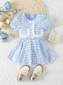 Baby Girls' Spring/Summer Simple Gingham Pattern Short Sleeve Top, Camisole Top And Skirt 3pcs Outfit