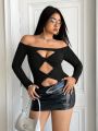 SHEIN ICON Plus Size Solid Color Twist Knot & Hollow Out Off Shoulder Bodysuit