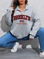 Plus Letter Graphic Half Zip Drop Shoulder Sweatshirt