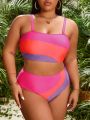 SHEIN Swim Vcay Plus Size Women's Color Block Waist Cut Out Swimwear Set