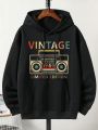 Men's Plus Size Letter & Tape Recorder Printed Hoodie