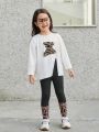 SHEIN Kids KDOMO Toddler Girls' Loose Fit Casual Round Neck Pullover T-shirt And Long Pants Set With Little Bear Pattern