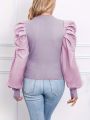 Ladies' Solid Color Stand Collar Slim Fit Bubble Sleeve Top