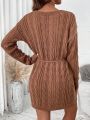 SHEIN LUNE Women's Knitted Sweater Dress With Braided Belt