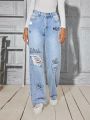 Cartoon Print Distressed Washed Jeans