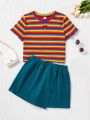 SHEIN Girls' Heart Shaped Hollow Out & Multicolor Stripe Print T-Shirt With Solid Skirt & Pants Set For Casual Outfit