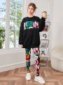 Teen Girls' Letter & Number Print Sweatshirt And Leggings 2pcs Set