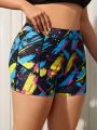 SHEIN Swim SPRTY Plus Size Women'S Printed Square Leg Swimsuit Shorts