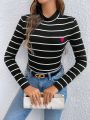 SHEIN Frenchy Heart Embroidered Striped T-shirt