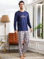 Men'S Letter Printed Long Sleeve T-Shirt And Plaid Pants Homewear