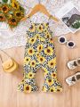 SHEIN Baby Girl Casual Vintage Street Style Leopard & Sunflower Pattern Spaghetti Strap Jumpsuit With Flared Pants, Spring & Summer Outfits