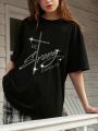 Women's Loose-Fit Short Sleeve T-Shirt With Letter And Rhinestone Design