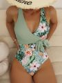 SHEIN Swim Vcay Tropical Print Knot Side Belted One Piece Swimsuit