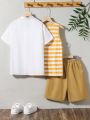 SHEIN Kids EVRYDAY 3pcs Tween Boys' Casual Short Sleeve Shirt With Stand Collar, Striped Vest Top, And Solid Color Shorts Set