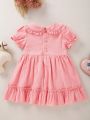 Baby Frill Trim Peter Pan Collar Puff Sleeve Smock Dress