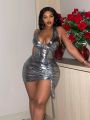 SHEIN Slayr Plus Size Metallic Feeling Drawstring Halter Backless Dress