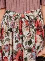 SHEIN Kids Nujoom Tween Girls' Floral Printed Stand Collar Dress With Leg Of Mutton Sleeve & Waist Belt