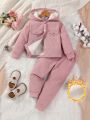 SHEIN Kids Y2Kool Girls' New Velvet Thickened Corduroy Jacket Hooded Coat Elastic Waist Casual Trousers Two-piece Set