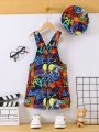 SHEIN Kids EVRYDAY Boys' Letter Graffiti Printed Overalls With Hat, Summer