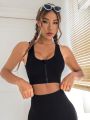 Solid Zip Up Sports Bra