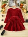 Young Girl Surplice Neck Puff Sleeve Belted Dress