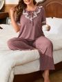 Women's Plus Size Lace Patchwork Ribbed Pajama Set