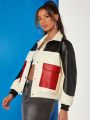 EVERGLOW Colorblock Flap Pocket PU Leather Jacket