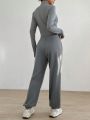 SHEIN EZwear Monogrammed Long-Sleeved Bodysuit And Sweatpants Set