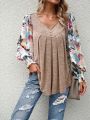 SHEIN LUNE Floral Print Lantern Sleeve Fold Pleated Detail Curved Hem Top