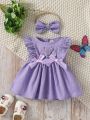 SHEIN Newborn Baby Floral Embroidery Ruffle Trim Bow Front Dress With Accessory Headband