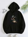 Cartoon Graphic Kangaroo Pocket Drawstring Thermal Hoodie