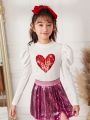 SHEIN Kids KDOMO Tween Girl Sequin Heart Pattern Gigot Sleeve Tee