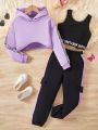 Teen Girls' Letter & Webbing Hooded Sweatshirt And Vest Set