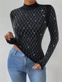 SHEIN Privé Women's Rhinestone Embellished Grid Pattern Stand Collar T-shirt