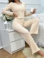 Women's Faux-Button Decoration Long Sleeve And Pants Home Suit